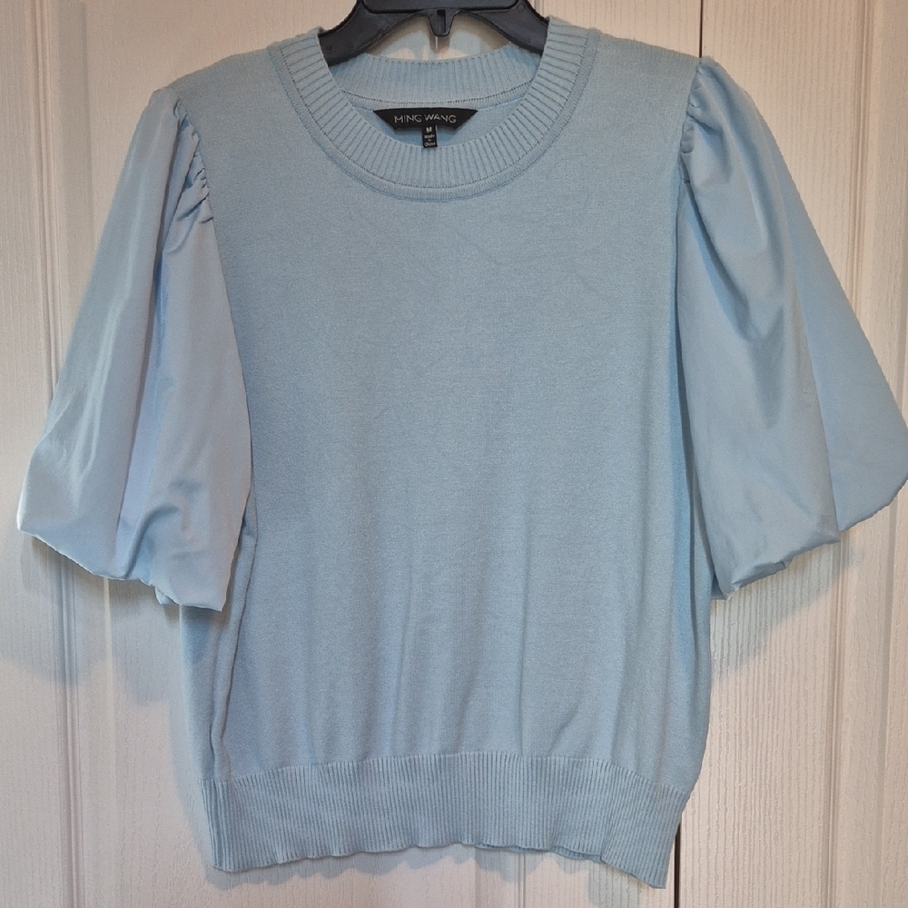 MING WANG Light Blue Sweater Satin Puff Sleeve Women's Top